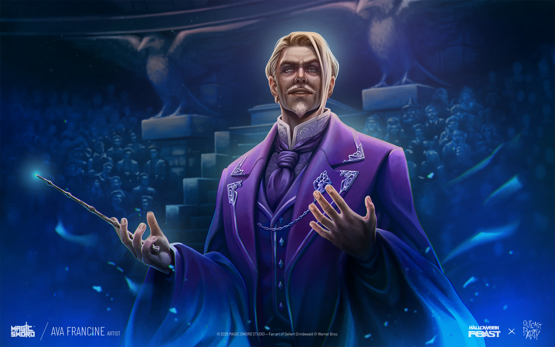 Gellert Grindelwald from the Harry Potter universe, fan art trading card illustrated by Ava Francine for Halloween Feast 2025: Outcast Party by Magic Sword Studio